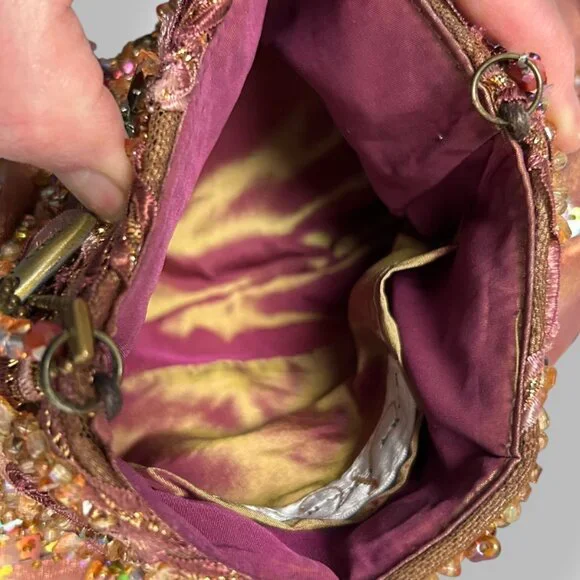 Mary Frances Chiffon Ruffle Beaded Swirl Shoulder Hand Bag Purse Orange/Purple - Picture 4 of 5